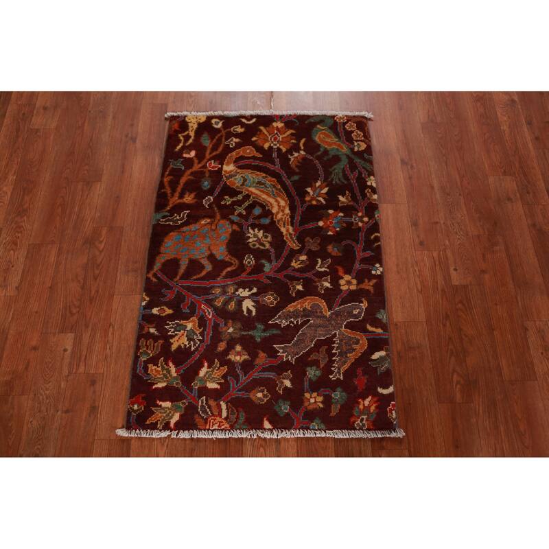 Animals Design Red Ziegler Oriental Foyer Rug Hand-Knotted Wool Carpet - 2'0"x 3'0"