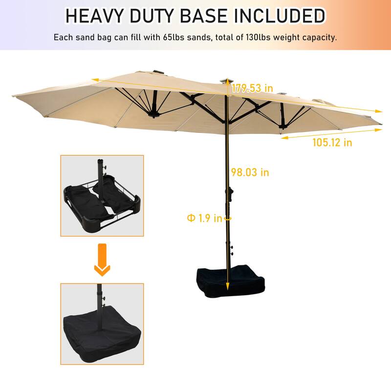 180'' x 108'' Rectangular Fiberglass Lighted Market Umbrella with Base