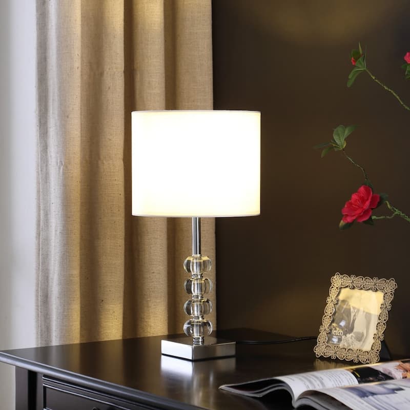 18-Inch Silver Metal and Glass Table Lamp with White Drum Shade - 9.50" x 9.50" x 17.75"