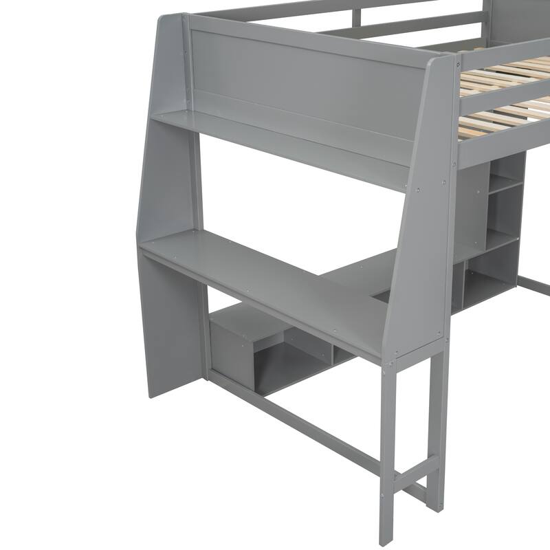 Full Size Pinewood Gaming Loft Bed with Desk, LED Lighting, Storage Shelves and Hanging Clothes Rack