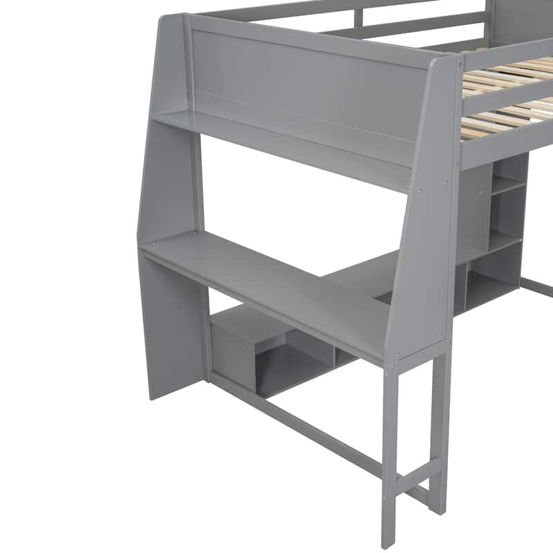 Multi-Functional Gaming Loft Bed with Built-in Desk & Storage Cabinets, Wood Bed Frame with LED and a Hanging Clothes Rack