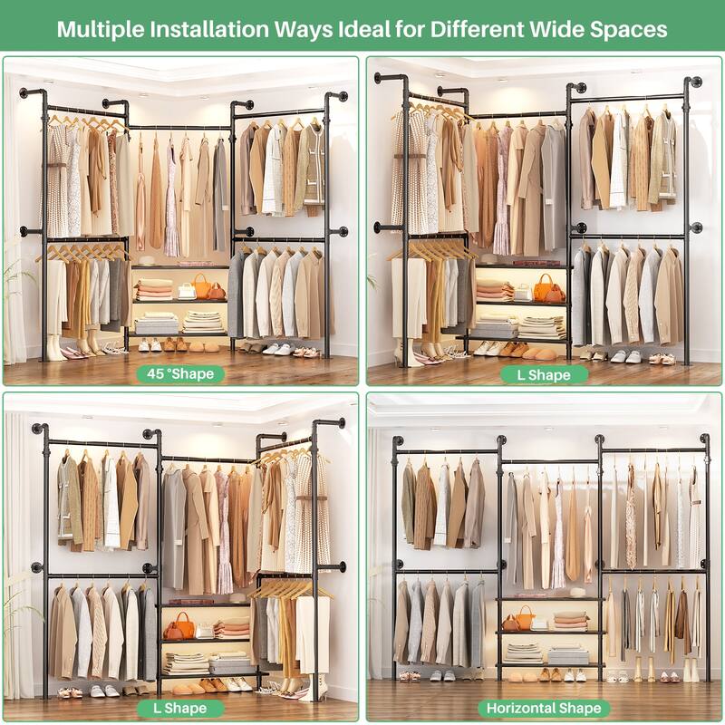 Industrial Pipe Garment Rack with Expandable Hanging Rods and Shelves,Reversible Walk-in Closet Organizer System Clothing Rack