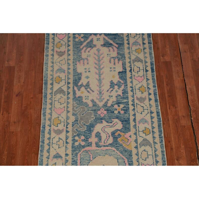 Hand Knotted Oriental 100% Wool Carpet Transitional Geometric Navy Blue & Blues Oushak Runner Rug - 13' 10'' X 3' 2''