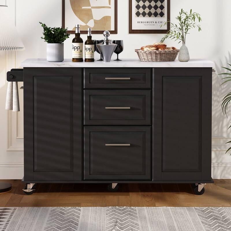 50.7" Kitchen Island with Storage and Concealed Trash Can, Rolling Kitchen Island on 5 Wheels with Drop Leaf, Drawers and Door - Black