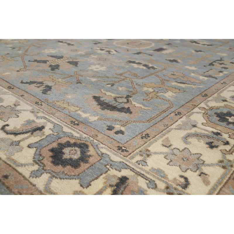 Light Blue Floral Oushak Indian Rug Handmade Traditional Wool Carpet - 9'3" x 11'9" - Blue - 9'3" x 11'9"