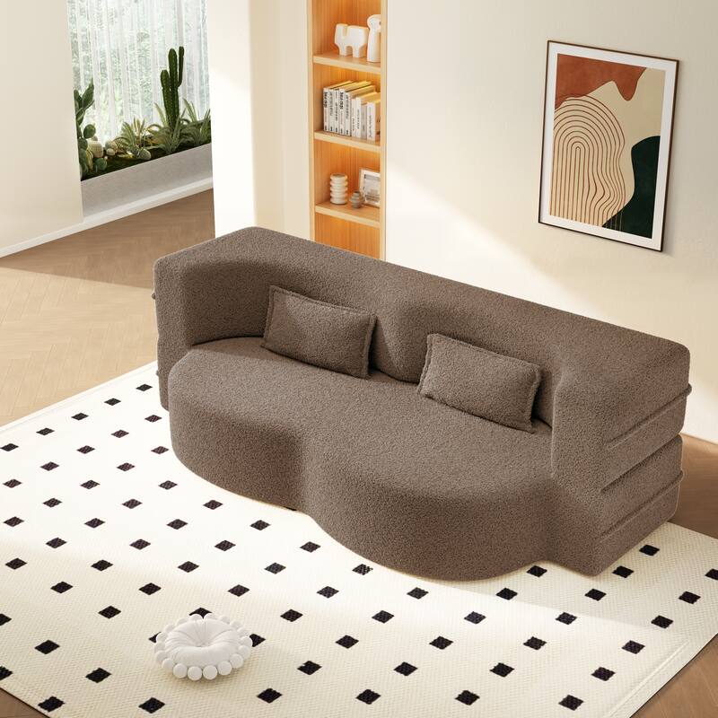 Modern 78.7" Floor Sofa With 2 Pillows For Small Pace Living Room, Convertible Sleeper Sofa Bed - Brown Teddy Fabric