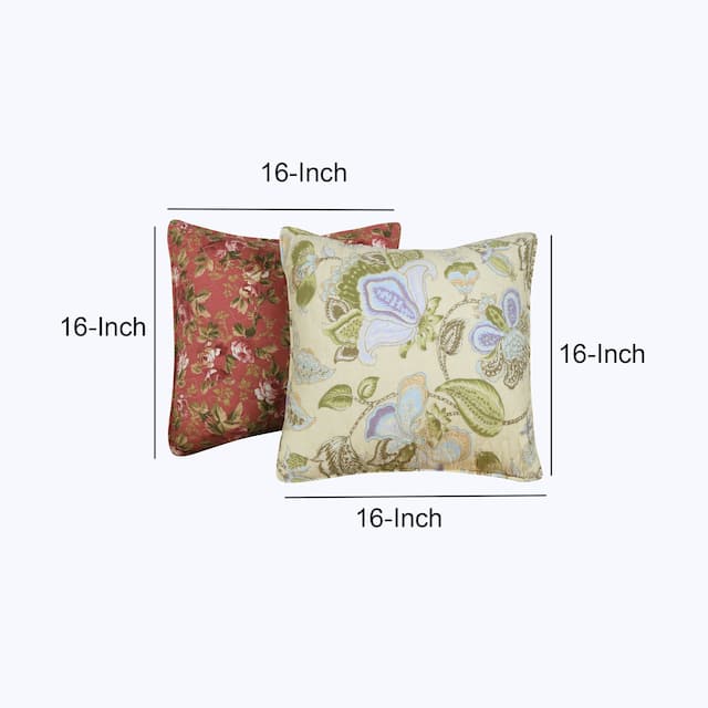 16 x 16 Two Piece Decorative Cotton Pillows with Floral Print, Multicolor