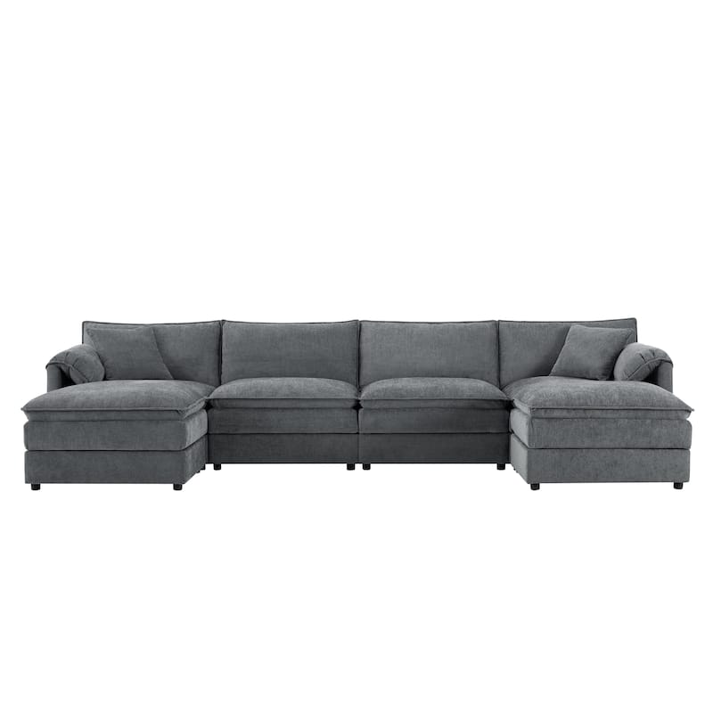 136" U-Shaped Chenille Sectional Sofa with 6-Seat Cloud Couch and Dual Ottomans & Pocket Springs (330lb Capacity)