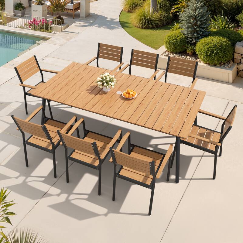 7/9-Piece Outdoor Patio Dining Set Aluminum Dining Table with Umbrella Hole and Stackable Armchairs - Brown - Set of 9