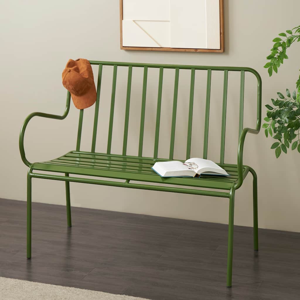 Green Metal Slatted Patio Outdoor Bench with Curved Armrests