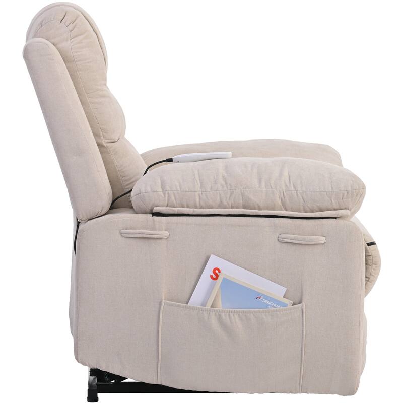 Linen Power Lift Recliner Chair with Massage & Heating, Ergonomic Single Lounge Sofa, Recliner Chair with Side Pockets