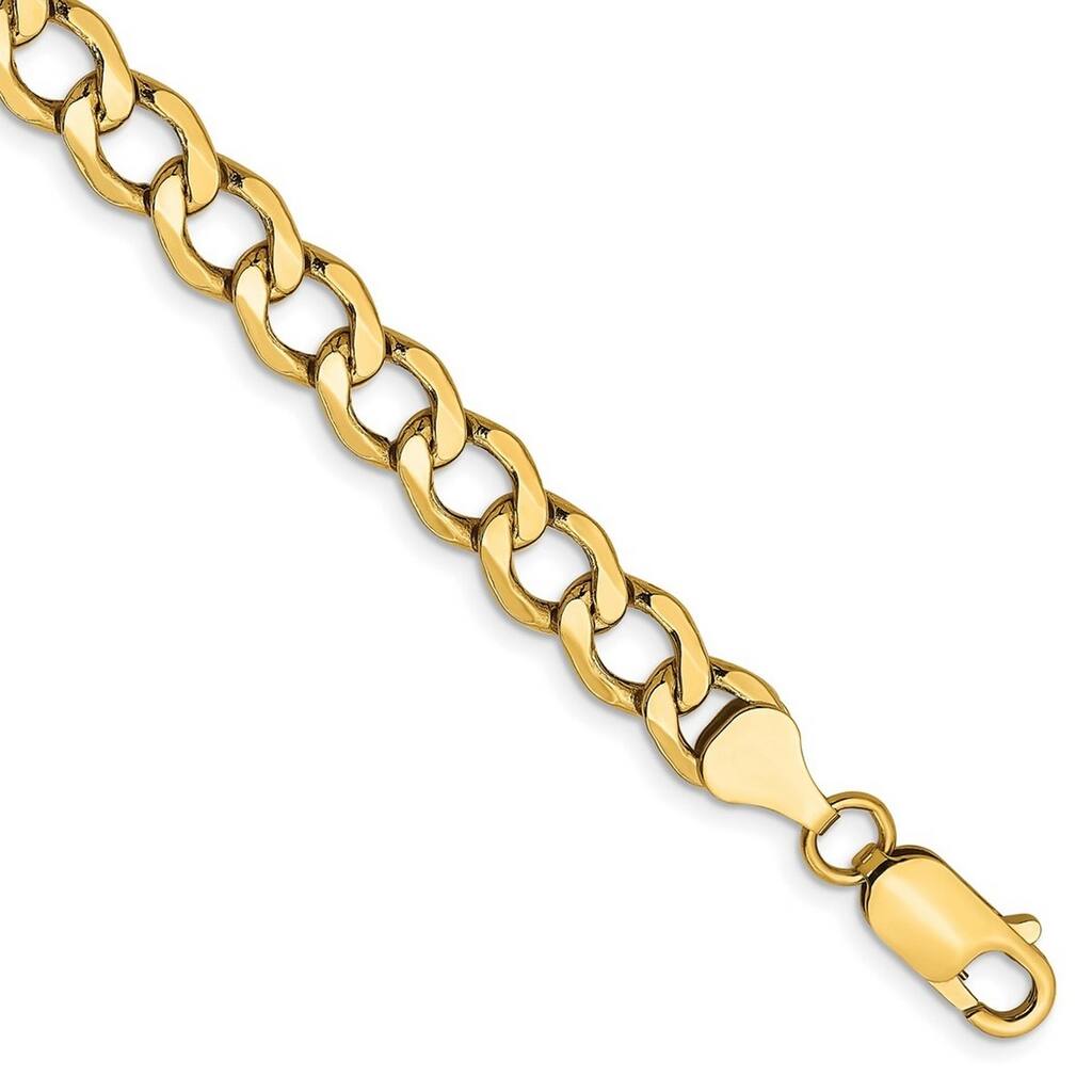 Curata 14k Yellow Gold Hollow Polished Lobster Claw Closure 6.0mm Semi-solid Curb Link Chain Bracelet - 7 Inch