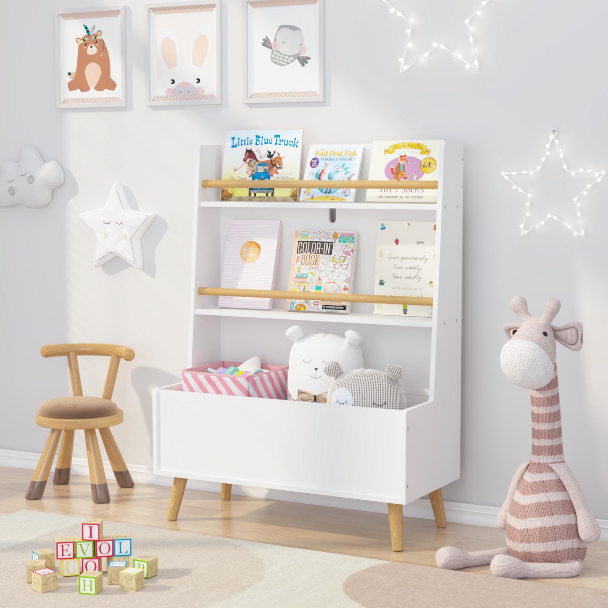 Kids Bookshelf Toy Storage Organizer with 2 Open Shelves & Pine Legs