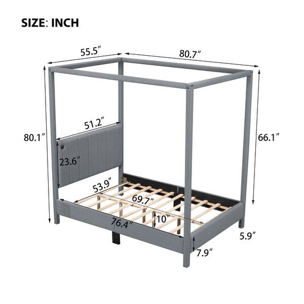 dimension image slide 2 of 4, Canvas-upholstered Canopy Bed - Platform Wingback Bed Frame with USB, Type-C Ports Headboard, 4 Canopy Columns, 2 Sides Pocket
