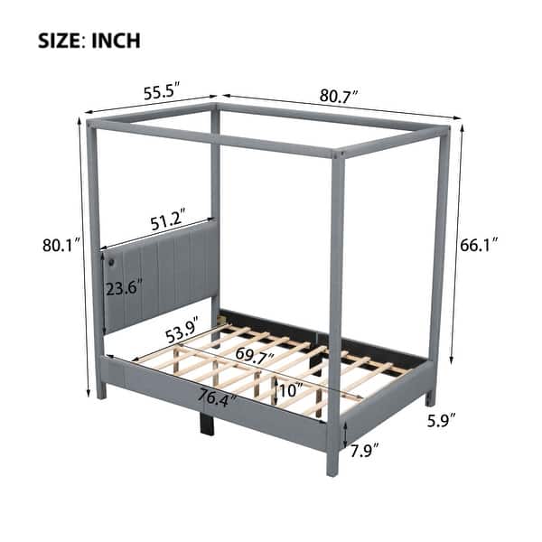 dimension image slide 0 of 2, Queen Size Canopy Platform Bed with USB and Type-C Ports, Tufted Headboard