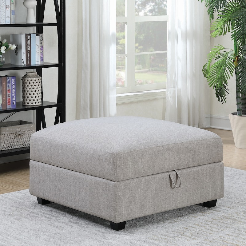 Linen-Like Fabric Upholstered Storage Ottoman in Grey and Black