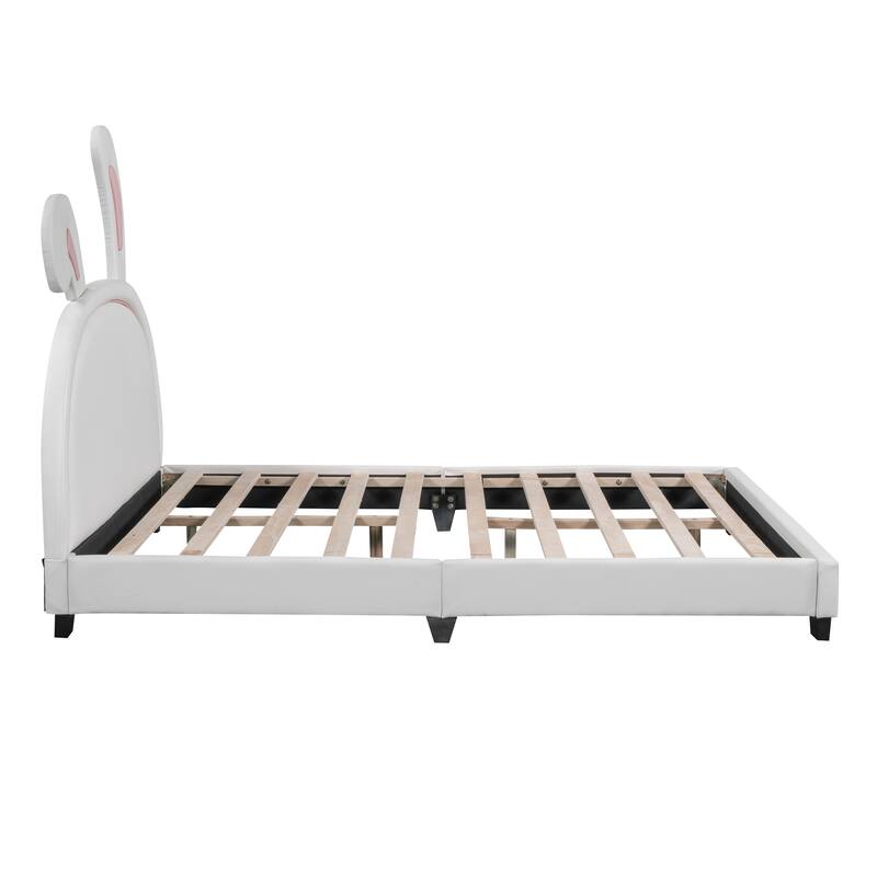 Upholstered Kids Bed with Rabbit Ears Headboard, PU Leather Platform Bed Frame with Wooden Slat Support