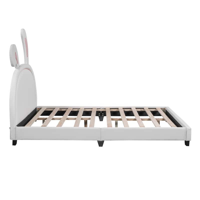Upholstered Leather Platform Bed with Rabbit Ornament