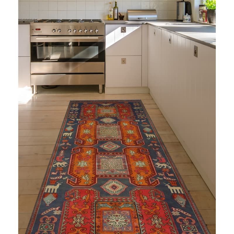 Fine Vintage Distressed Jamel Navy/Red Runner - 4'1" x 11'0"