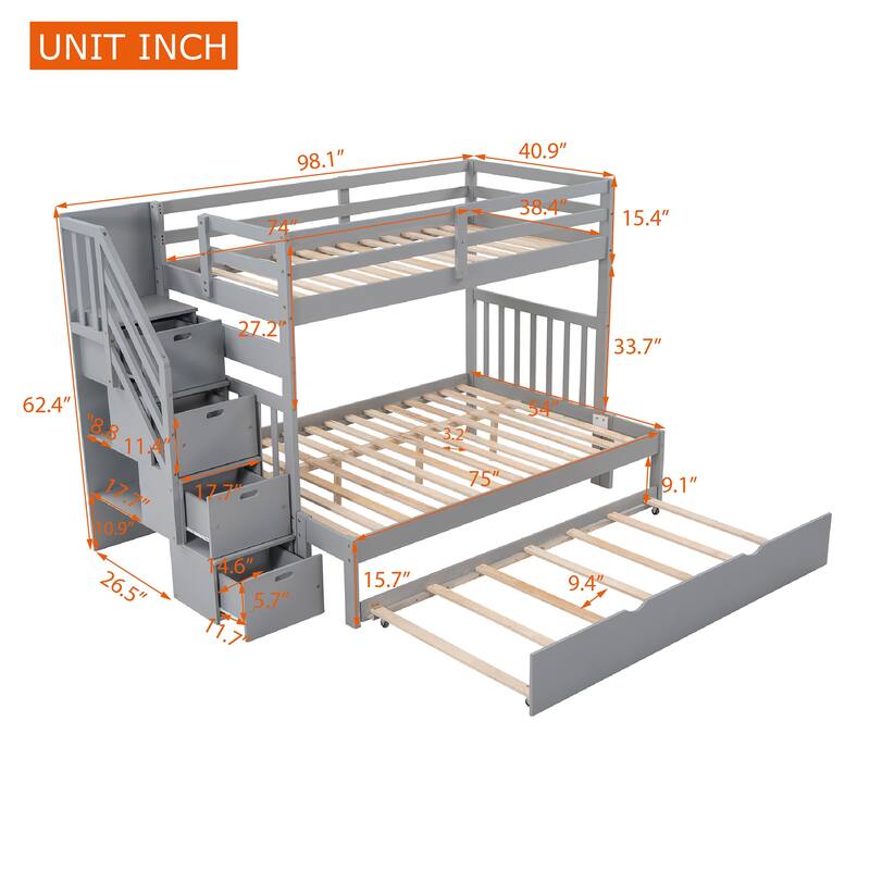 Roomfitters Twin Over Full Bunk Bed with Trundle and Storage Stairs, Space-Saving Wooden Frame, Gray