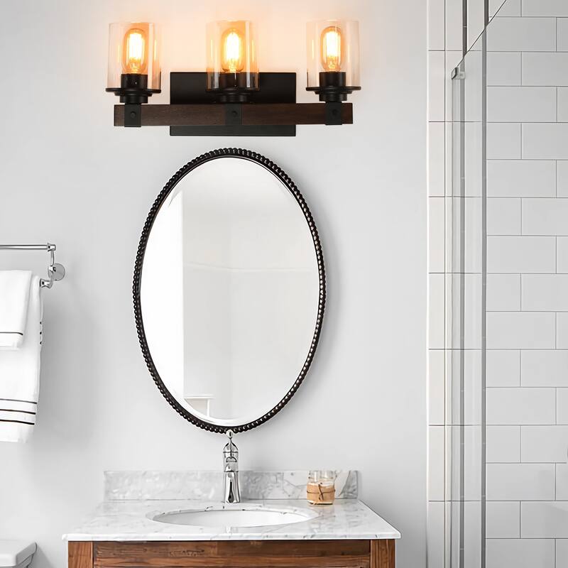19" Rustic 3-Light Vanity Light, Industrial Bathroom Wall Sconce with Glass Shades and Wood Accent (No Bulbs) - Walnut