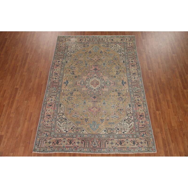 Hand Knotted Oriental 100% Wool Carpet Traditional Medallion Yellow & Gold Tabriz Area Rug - 9' 8'' X 6' 10''