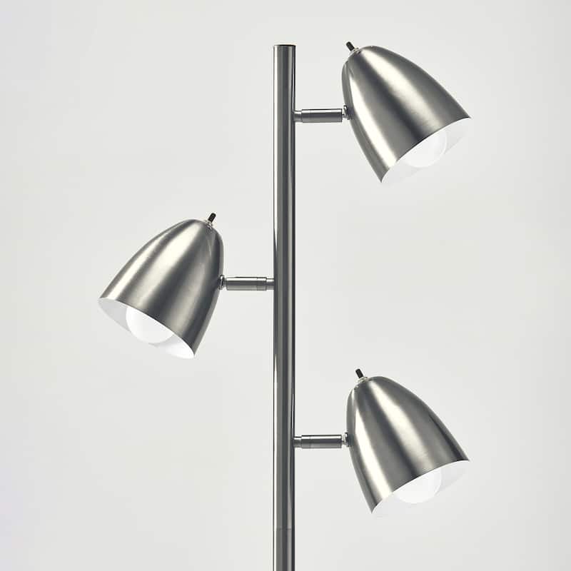 Brightech Jacob 64 in. Brushed Nickel Mid-Century Modern 3-Light Adjustable LED Floor Lamp with 3 Nickel Metal Cone Shades