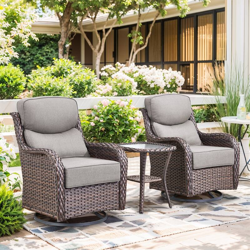 Outdoor Swivel Chairs with 6-Inch Thick Cushions for Garden - Brwon Wicker Grey Cushion - 3PCS Swivel Chair w/ Table