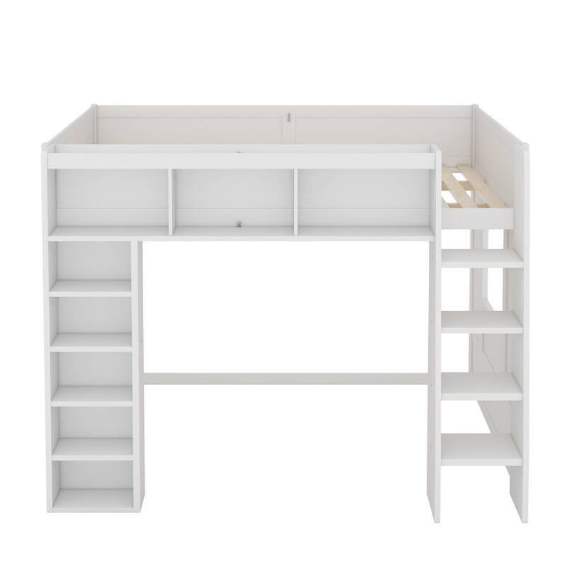 Roomfitters Queen Size Loft Bed with Storage Cabinets and Bookshelves