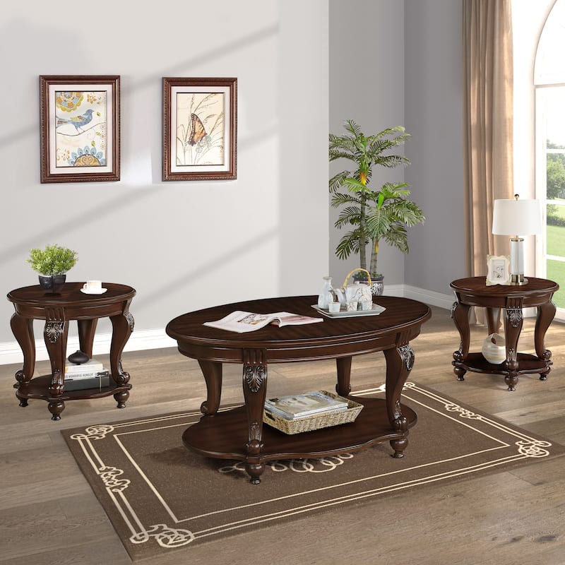 American Style Table Sets of 3, Coffee Table & End Tables Set with Beautiful Floral Carvings, Lower Shelf and Antiqued Finish - Cherry