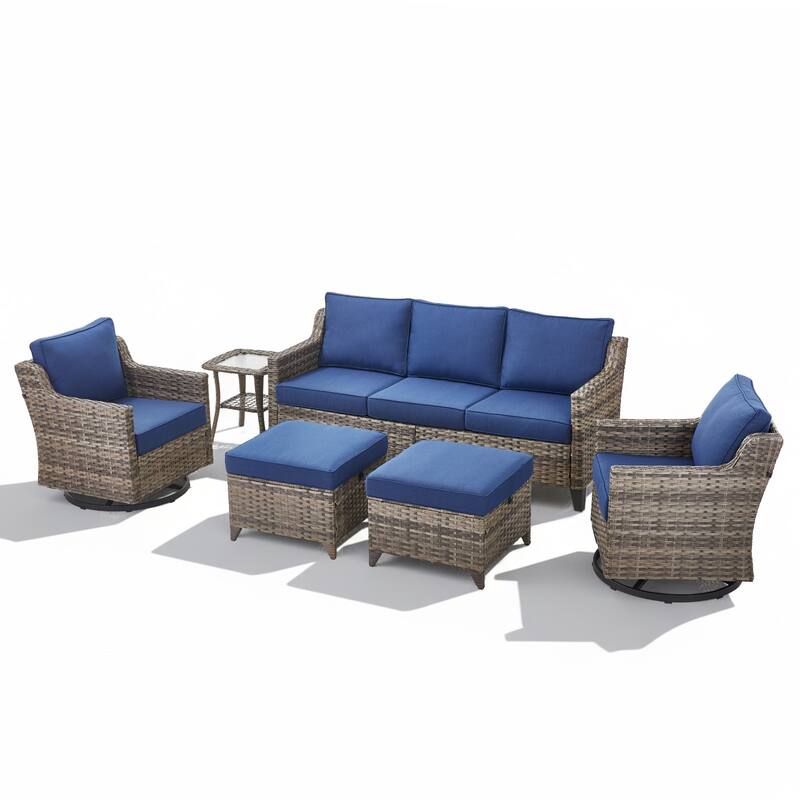 Glissia 6-Piece Gray Wicker Patio Conversation Set with Swivel Gliders and Ottomans