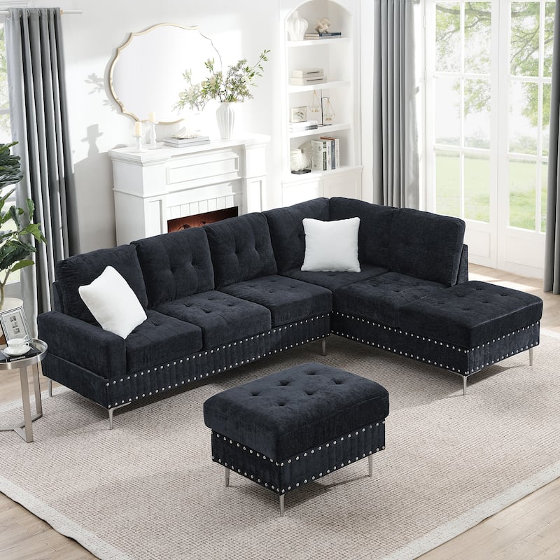Chenille 3 Seater Couch L-shaped Sectional Sofa with Reversible Chaise, Storage Ottoman, Metal Legs, Copper Nails and 2 Pillows