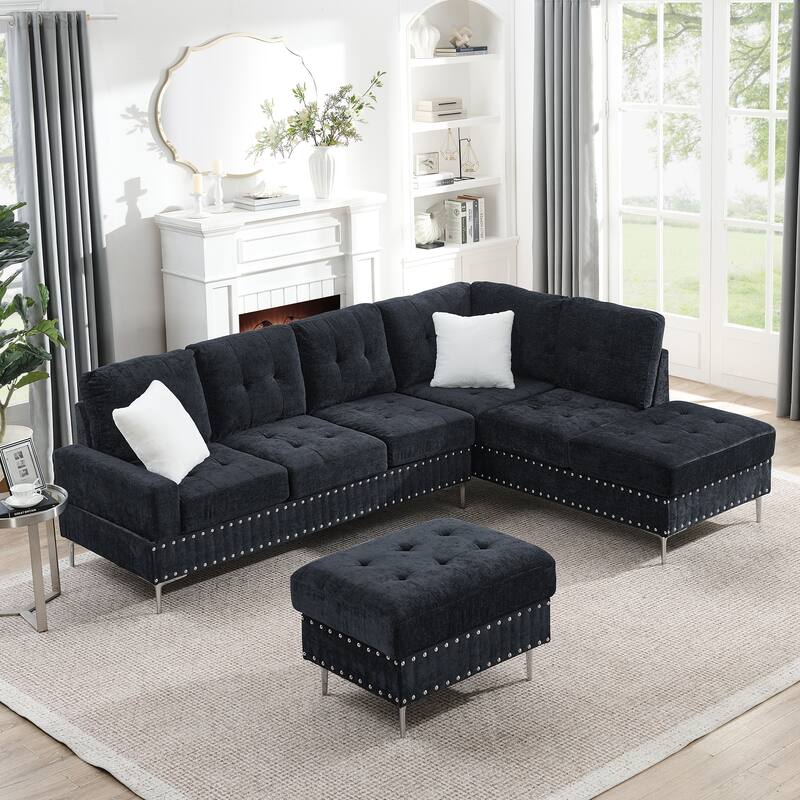 Roomfitters Sectional 3-Seater Sofa with Chaise, Storage Ottoman, Metal Legs, Nailhead Trim and Two Pillows - Navy Blue