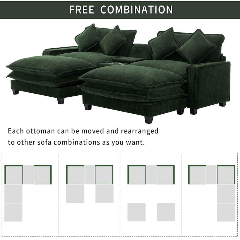 111" Chenille Sectional Sofa with 2 Ottomans, 2 USB Ports, 2 Cup Holders, Storage, Green