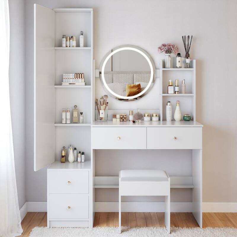 KISRAIS 43.3" Fashion Vanity Desk with Mirror and Lights, 3 Color Lighting Brightness Adjustable
