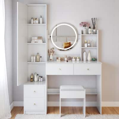 KISRAIS 43.3" Fashion Vanity Desk with Mirror and Lights, 3 Color Lighting Brightness Adjustable
