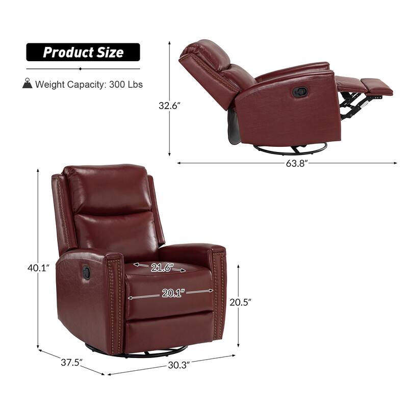 Fiacro 30.31"Wide Modern Genuine Leather Wingback Swivel Rocker Recliner with Nailhead Trims, Set of 2