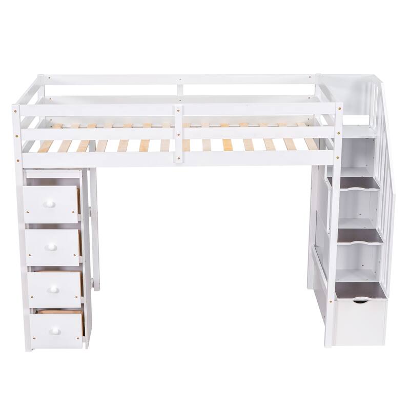 Kids Twin Size Loft Bed with Storage Drawers and Built-in Stairs Cabinet, Wooden Bed Frame with Guardrails and Shelving