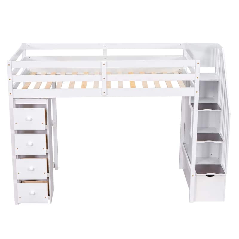 Twin Loft Bed with Storage Stairs, Drawers, and Shelves, Space-Saving Wooden Bed for Kids