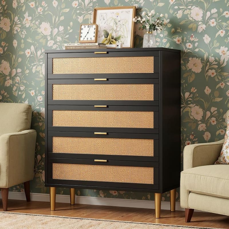 5 Drawers Tall Rattan Dresser, with Metal Legs and Handles, 44'' - Black