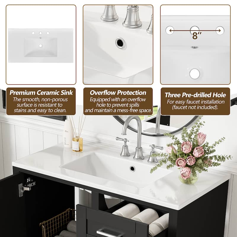 GDFStudio - Aurea Wood & Ceramic 36" Bathroom Vanity with Sink, Soft-Close Door & 3 Drawers