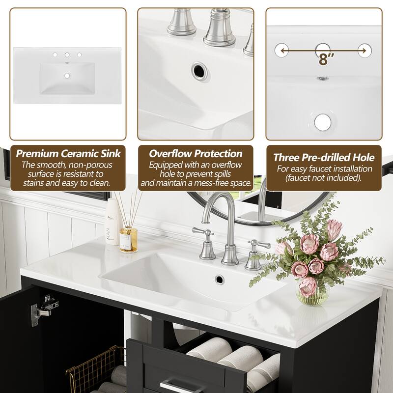 Simple Freestanding Bathroom Vanity Storage Cabinet with 3 Drawers of Different Sizes, Soft Close Door and Metal Handles