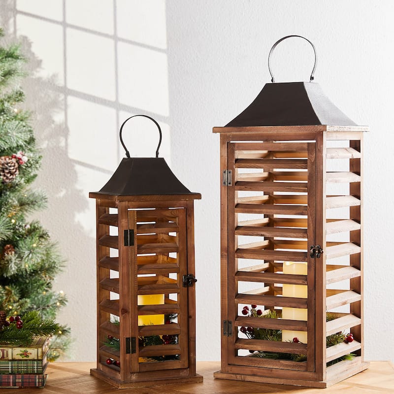 Glitzhome Set of 2 Modern Wooden Shutter Floor Candle Lanterns Fall Thanksgiving Decor