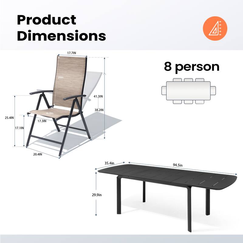 Outdoor Aluminum Expandable Patio Dining Extension Table with Durable Adjustable Reclining Folding Chair