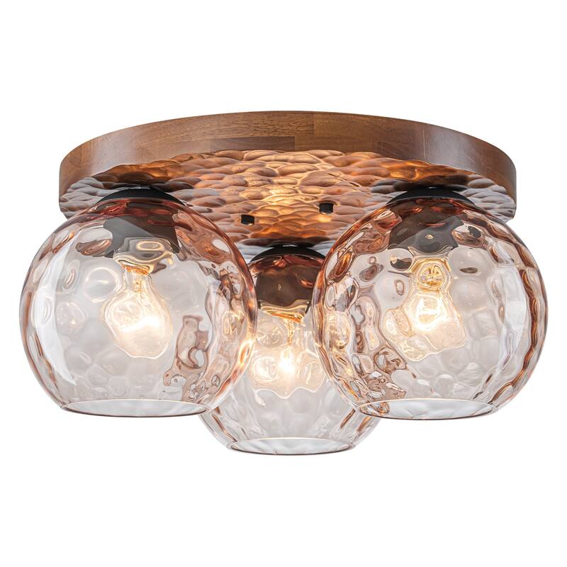 3-Light Rustic Wood Flush Mount Ceiling Light with Textured Amber Glass Shades - Dia.16.54-in