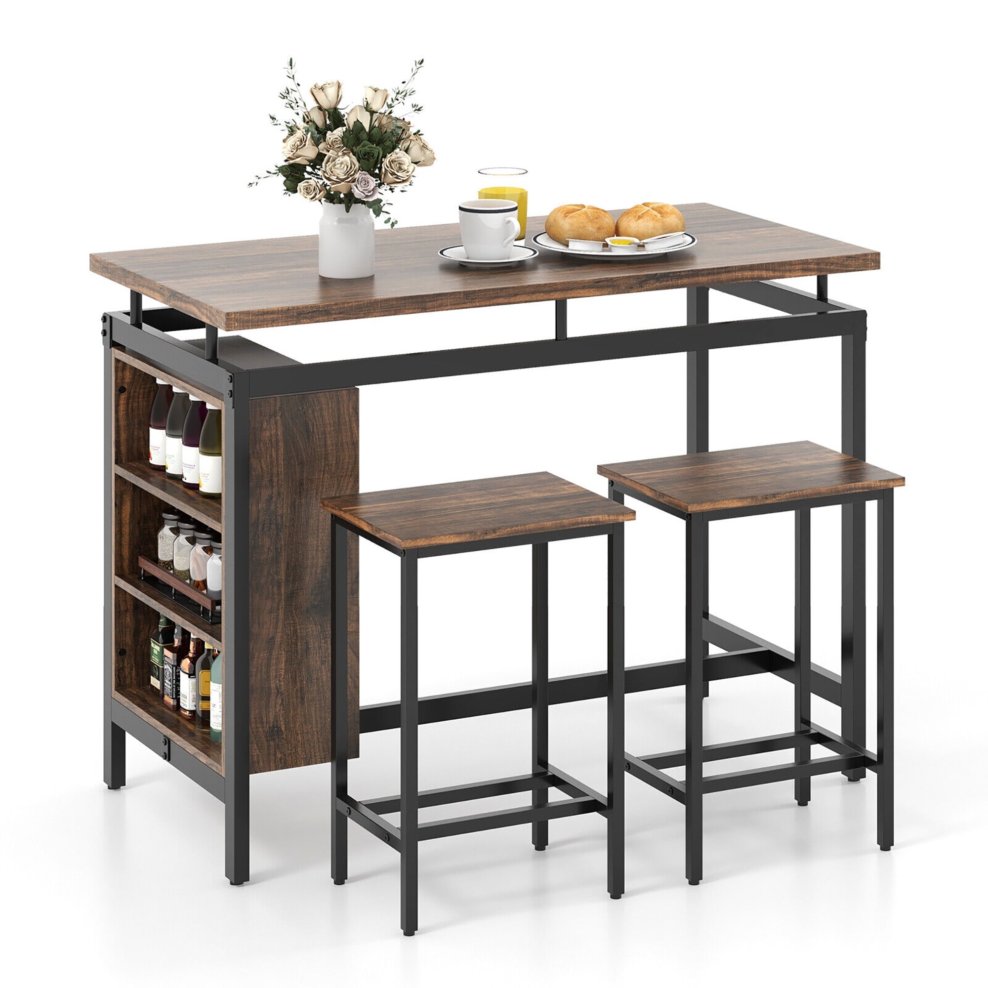 Gymax 3-Piece Dining Table Set Bistro Table & 2 Bar Stools w/ 3-Tier