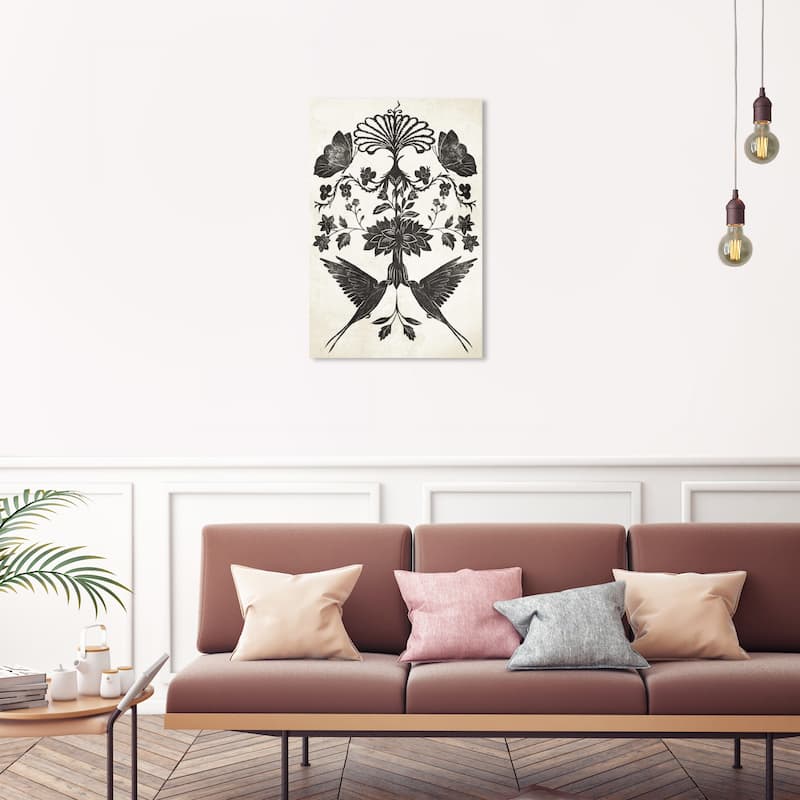 Wynwood Studio Canvas Animals Dark Floral Ornamental Black and Cream White Traditional Wall Art Canvas Print - 30 x 20