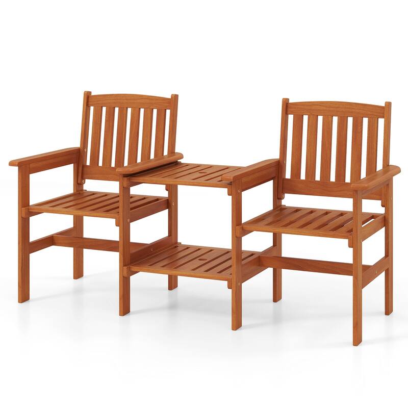 Gymax Outdoor Wood Bench Loveseat w/ Built-in Table 1.57'' Umbrella