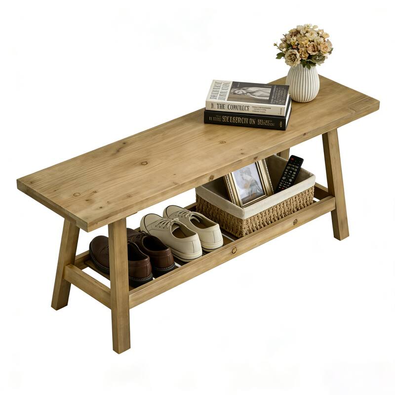 43" Farmhouse Wood Bench, 2-Tier Entryway Bench, Narrow Rustic Storage Bench with Open Storage Shelf for Entryway, Hallway