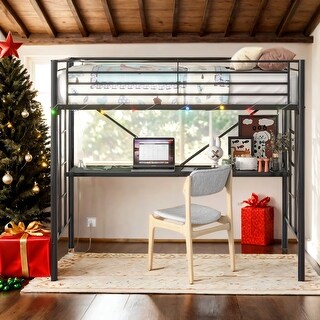 Twin Metal Loft Bed with Desk,Power Outlet and LED Lighted,Safety Guard & Ladder For Home